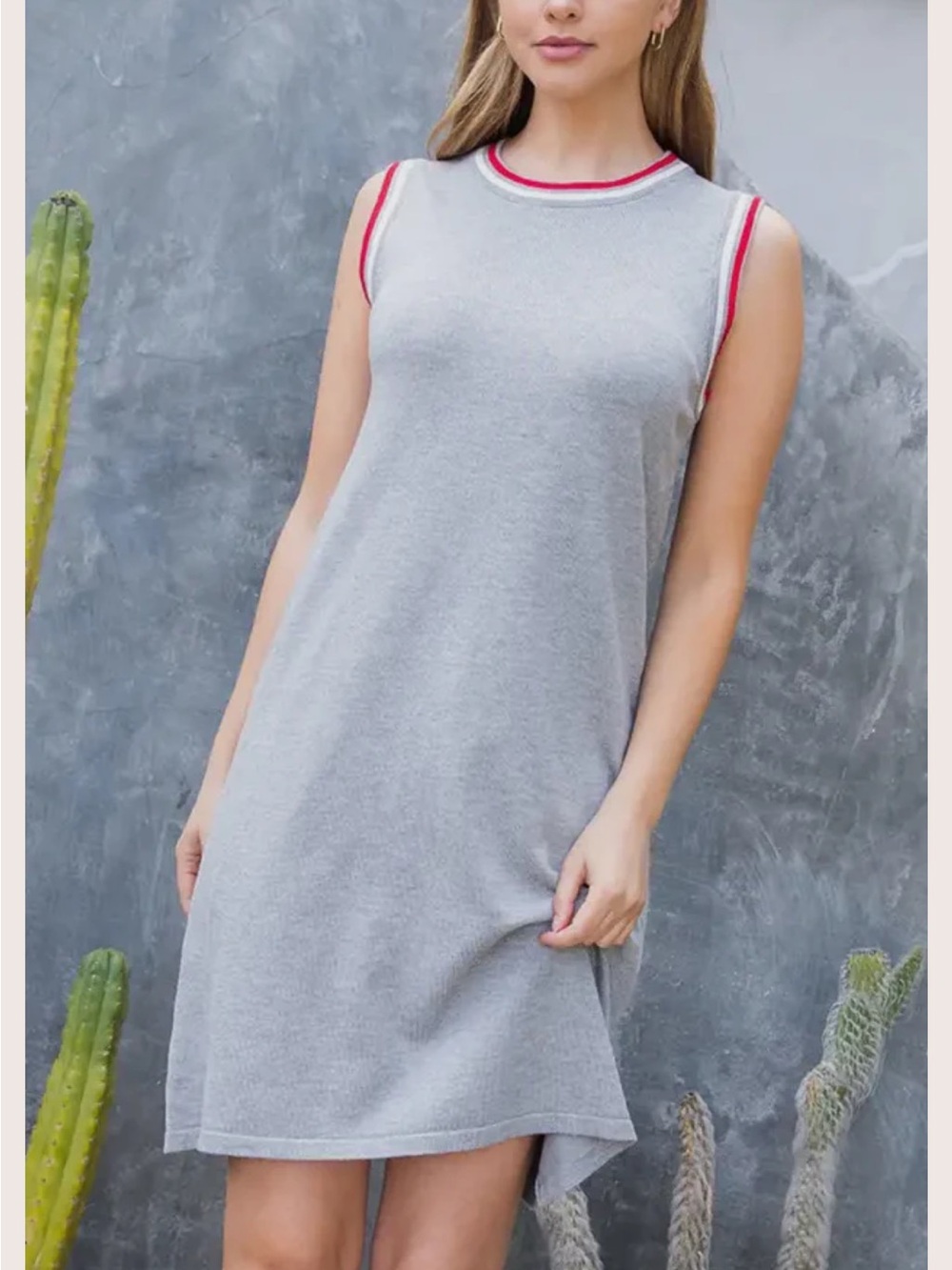 THML Gray Ribbed Crewneck Dress with Red & White Stripe